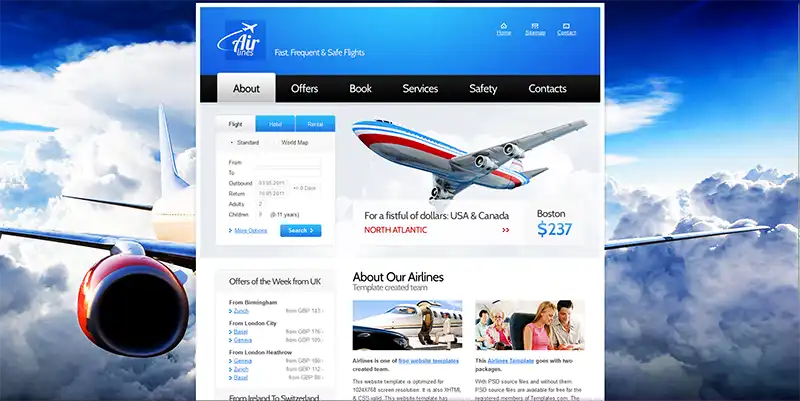 大气蓝色航空公司HTML整站网站模板下载